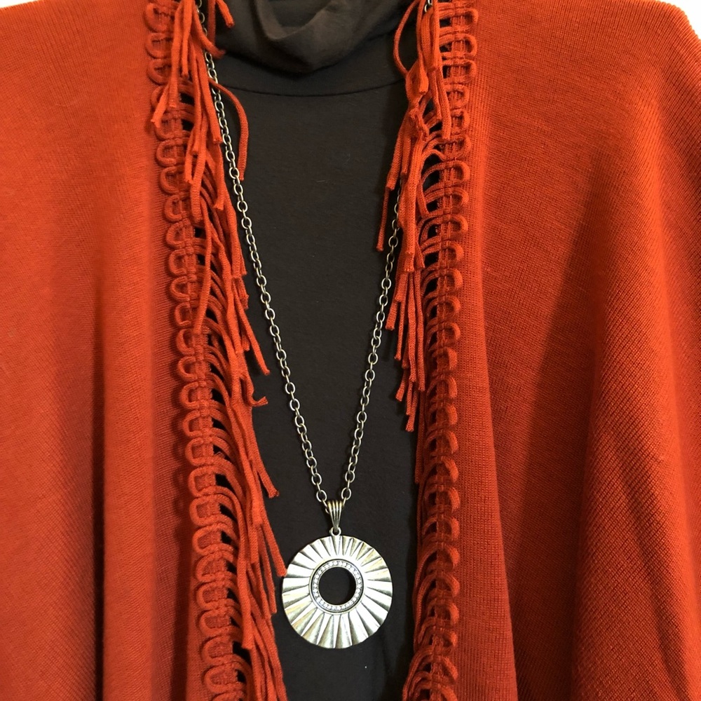 Coldwater Creek fringed rust poncho/ruana/shrug